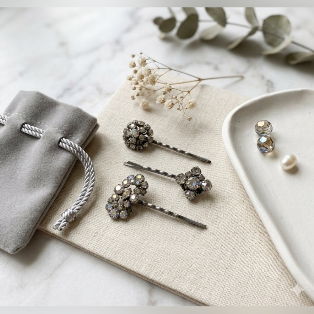 Vintage Style Crystal Bobby Pins Set of 3, Silver Rhinestone bridal hair jewelry